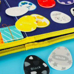 Plansa senzoriala de manipulare Montessori pe rucsac albastru