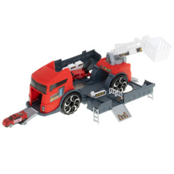 Transportor TIR 2în1 garaj parcare pompieri + 3 mașini roșu