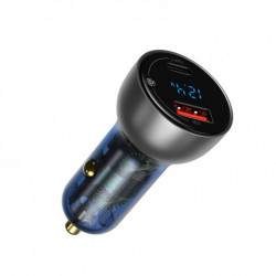 Încărcător auto BASEUS cu ecran digital argintiu USB + USB-C, QC3.0 + PD, 5A, 65 W