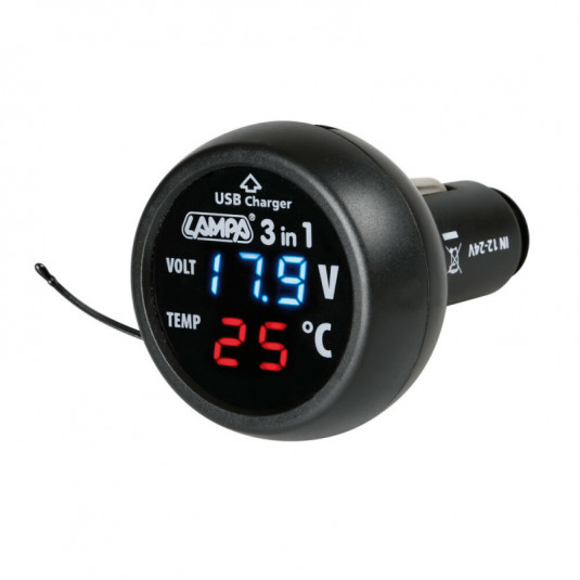 Voltmetru digital 12/24V cu termometru și ieșire USB