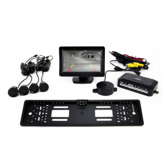 Asistență de parcare TFT01 4,3" cu cameră CAM-402 LED în suportul sub tablă de înmatriculare, 4 senzori, negru