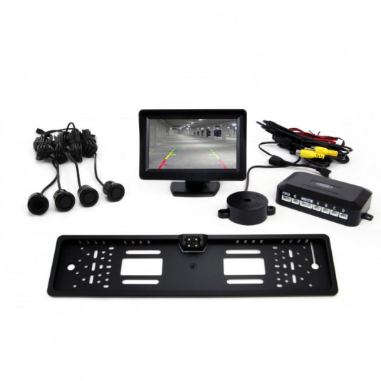 Sistem de parcare TFT01 4,3" cu cameră CAM-402 LED în suportul sub numarul de înmatriculare, 4-senzori, negru GOLD 18mm