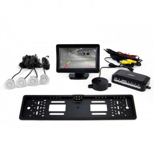 Asistent de parcare TFT01 4,3" cu cameră CAM-402 LED în suportul plăcuței de înmatriculare, 4-senzori, argintiu
