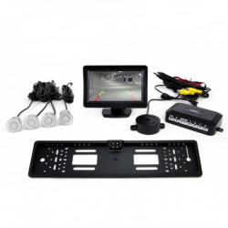 Asistent de parcare TFT01 4,3" cu cameră CAM-402 LED în suportul plăcuței de înmatriculare, 4-senzori, argintiu
